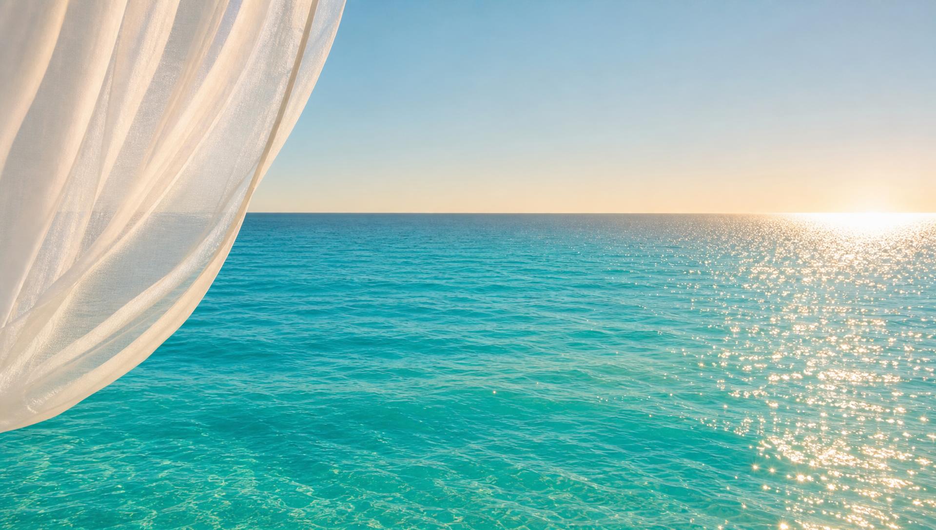 A sheer white curtain gently parting to reveal a luminous turquoise Caribbean ocean glowing in warm sunlight